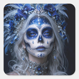 Saffier Maan Calavera – Blauwe Hemel Vierkante Sticker