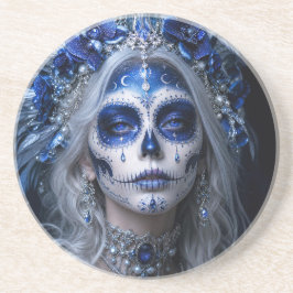 Saffier Maan Calavera – Blauwe Hemel Zandsteen Onderzetter