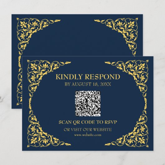 Saffier Navy QR RSVP Kaart (Voorkant / Achterkant)