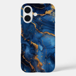 Saffier Regalia – Luxe Blauwe & Gouden Marmer iPhone 16 Hoesje