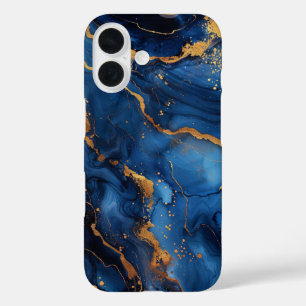 Saffier Regalia – Luxe Blauwe & Gouden Marmer iPhone 16 Hoesje