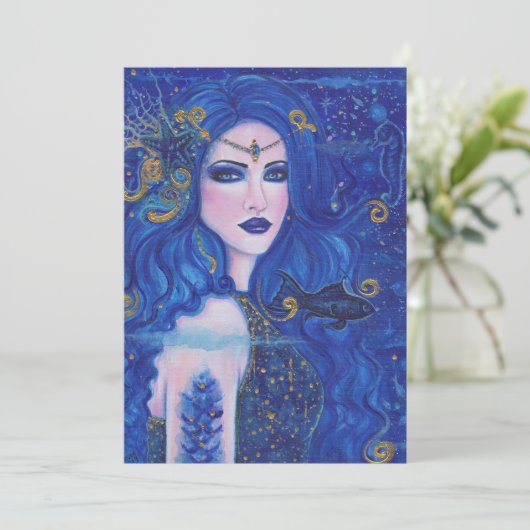 Saffier Zeemeermin met gouden accenten van Renee L Feestdagenkaart (Staand voorkant)