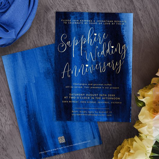 Saffierblauw abstract 45-jarig huwelijksjubileum folie uitnodiging