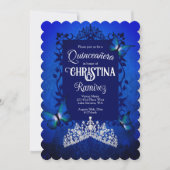 Saffierblauw, Diamant Tiara Vlinder Quinceanera Kaart (Voorkant)