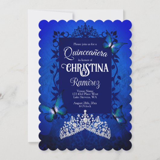 Saffierblauw, Diamant Tiara Vlinder Quinceanera Kaart (Voorkant)