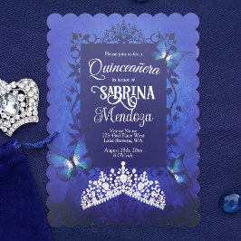 Saffierblauw, Diamant Tiara Vlinder Quinceanera Kaart