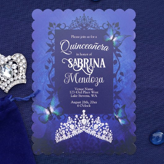 Saffierblauw, Diamant Tiara Vlinder Quinceanera Kaart