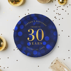 Saffierblauwe Bokeh Proost op 30 Jaar Verjaardag Papieren Bordje