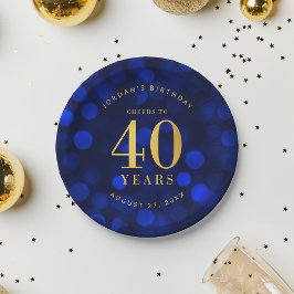 Saffierblauwe Bokeh Proost op 40 Jaar Verjaardag Papieren Bordje