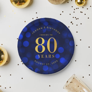 Saffierblauwe Bokeh Proost op 80 Jaar Verjaardag Papieren Bordje
