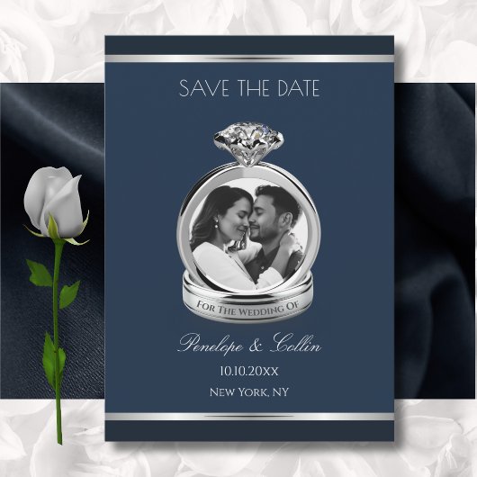 Saffierblauwe verlovingsfotobesparing datum save the date