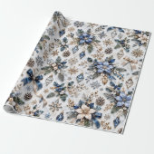 Saffierblauwe Winterbloemen Cadeaupapier (Uitgerold)