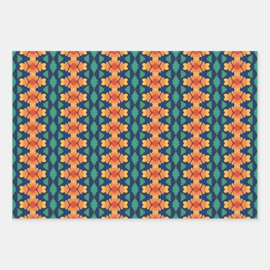 Saffraan Bloom Navy Sinaasappel en Groene Bloemen Inpakpapier Vel (Voorkant)