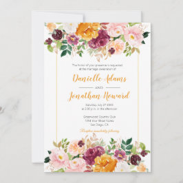 Saffraan Bourgogne Roze Waterverf Bloemenbruiloft Kaart