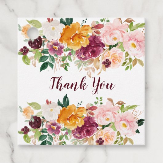 Saffraan Bourgogne Roze Waterverf Rozen Pioenrozen Bedankjes Labels (Voorkant)