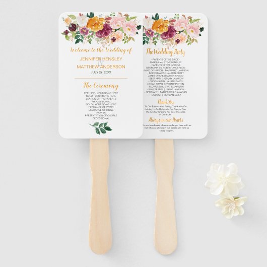 Saffraan, Bourgondië, Mauve, roze bloemenbruiloft Handwaaier (Voorkant en achterkant)