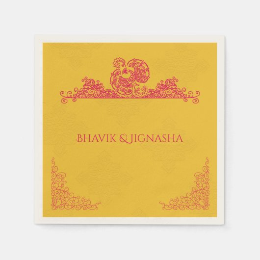 Saffraan en Roze Peacock Indiase bruiloft servet (Voorkant)