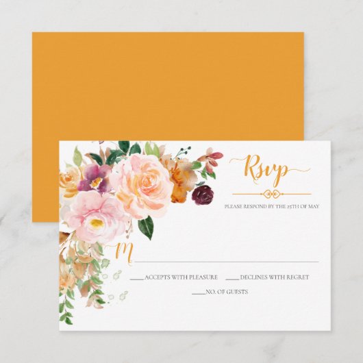 Saffraan Geel Blush Mauve Hoek Boeket RSVP Kaartje (Voorkant / Achterkant)
