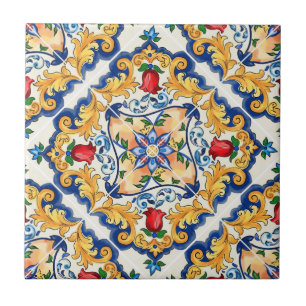 Saffraan Rode Bloemen Siciliaanse Majolica Mediter Tegeltje