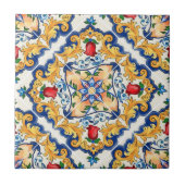 Saffraan Rood Bloemmotief Siciliaans Majolica Midd Tegeltje (Voorkant)