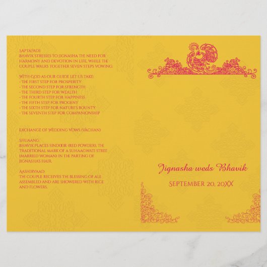 Saffron en Pink Peacock Hindu Wedding Programme (Voorkant)
