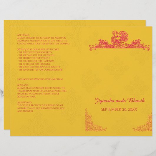 Saffron en Pink Peacock Hindu Wedding Programme (Voorkant / Achterkant)
