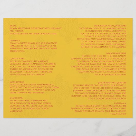 Saffron en Pink Peacock Hindu Wedding Programme (Achterkant)
