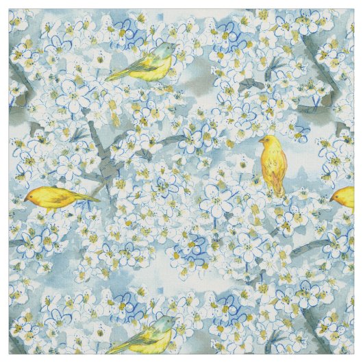 Saffron Finch Warbler Birds Blooming Fruitboom Stof (Swatch)