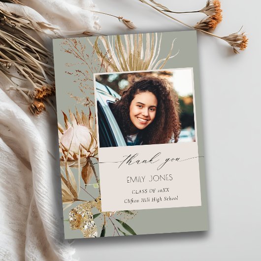 Saga Green Protea Dry Palm Floral Photo Afstuderen Bedankkaart