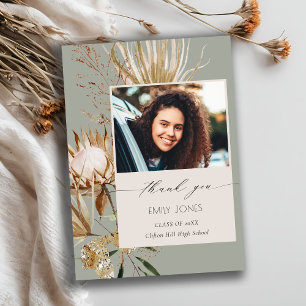 Saga Green Protea Dry Palm Floral Photo Afstuderen Bedankkaart