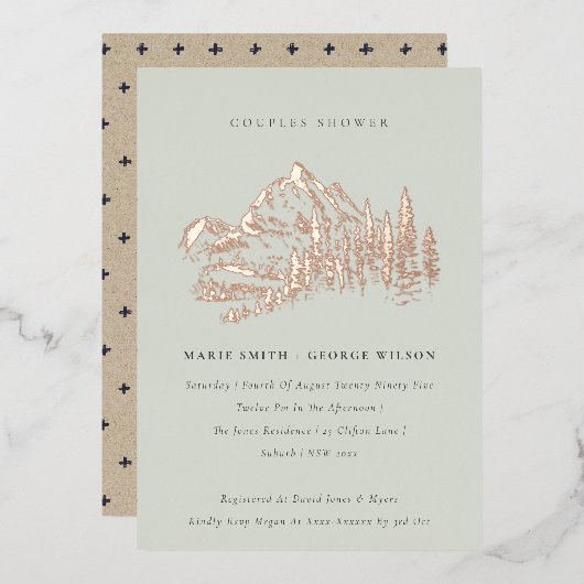 Saga Green Roos Gold Mountain Pine Couples Shower Folie Uitnodiging (Voorkant / Achterkant)