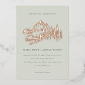 Saga Green Roos Gold Mountain Pine Sketch Wedding Folie Uitnodiging (Voorkant)