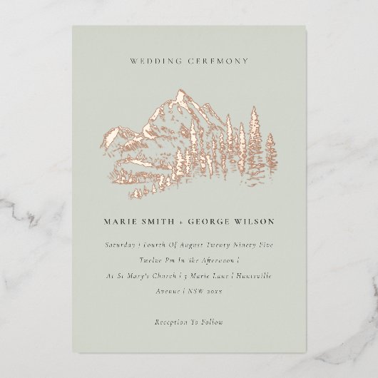Saga Green Roos Gold Mountain Pine Sketch Wedding Folie Uitnodiging (Voorkant)