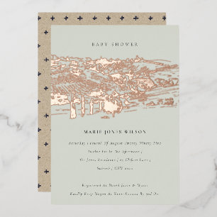 Saga Green Roos Gold Winery Sketch Baby shower Folie Uitnodiging