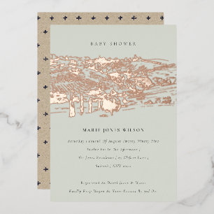 Saga Green Rose Gold Wijnmakerij Schets Baby Showe Folie Uitnodiging