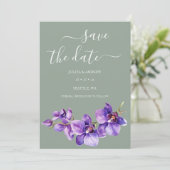 Saga groen met Orchidee bloem unieke bruiloft Save The Date (Staand voorkant)