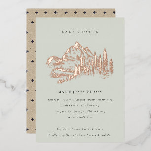 Saga Groen Rosé Goud Bergdennen Baby Shower Folie Uitnodiging