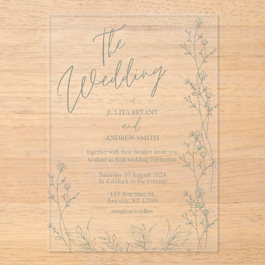 Saga groene script trendy bruiloft acryl uitnodigingen (Voorkant)