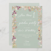 Sage 1e verjaardagsfeestje wildflower tuinfeest kaart (Voorkant / Achterkant)