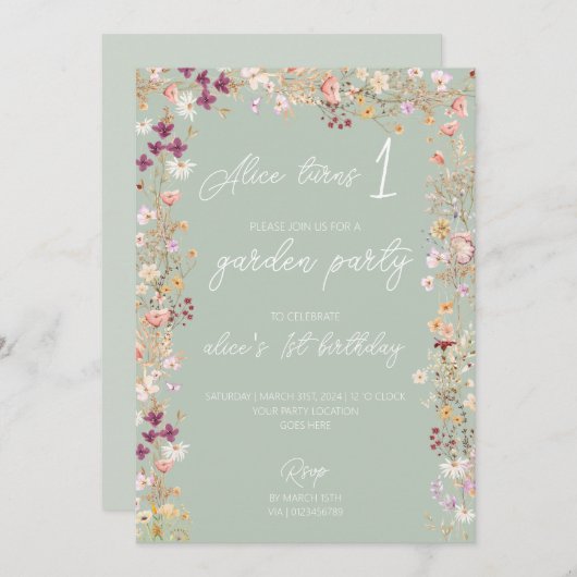 Sage 1e verjaardagsfeestje wildflower tuinfeest kaart (Voorkant / Achterkant)