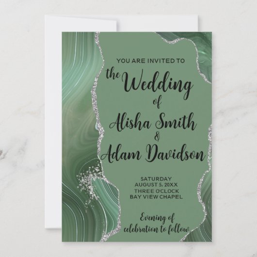 Sage Agate & Silver Glitter Wedding Uitnodiging (Voorkant)