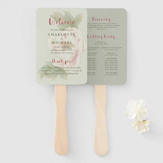 Sage and Blush Floral Wedding Programme Handwaaier (Voorkant en achterkant)