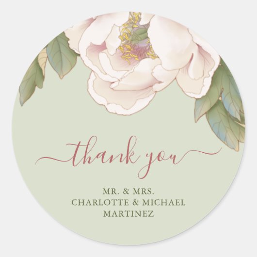 Sage and Blush Peony Roos Weddenschap Bedankt Ronde Sticker (Voorkant)