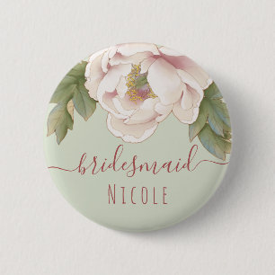 Sage and Blush Pink Peony Floral Bridesmaid Ronde Button 5,7 Cm