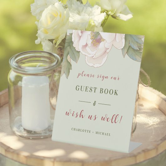 Sage and Blush Pink Peony Wedding Guestbook Reclamebord Met Voetstuk