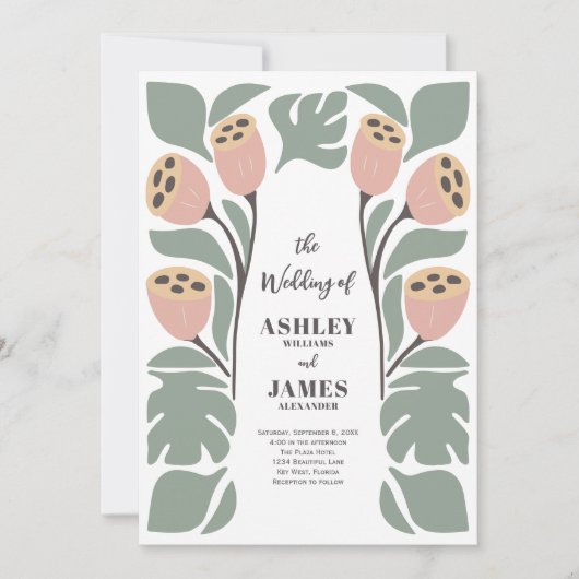 Sage and Blush Stylized Abstract Floral Wedding Kaart (Voorkant)