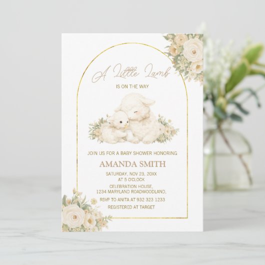 Sage and Ivory Little Lamb Baby Shower Invitation Kaart (Staand voorkant)
