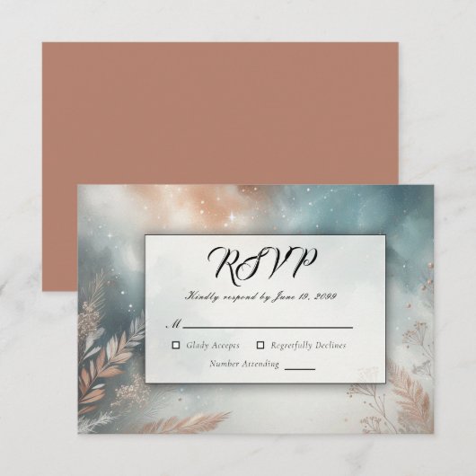 Sage and Terracotta Stardust Skies Wedding RSVP Kaartje (Voorkant / Achterkant)