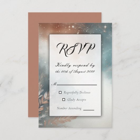 Sage and Terracotta Stardust Skies Wedding RSVP Kaartje (Voorkant / Achterkant)