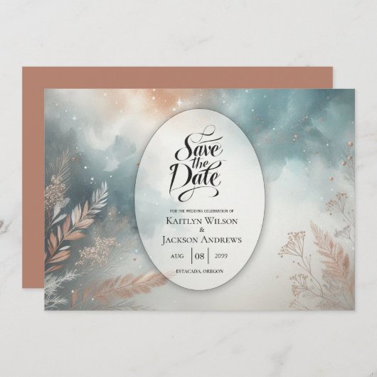 Sage and Terracotta Stardust Skies Wedding Save The Date (Voorkant / Achterkant)